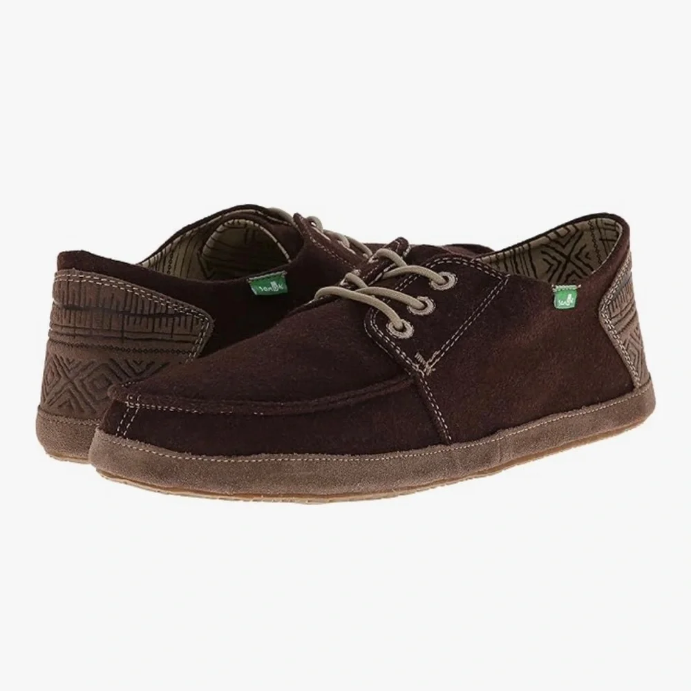 EUC Sanuk Mainsteez Men's Boat Shoes Brown Wool Suede Textile Casual Slip Ons